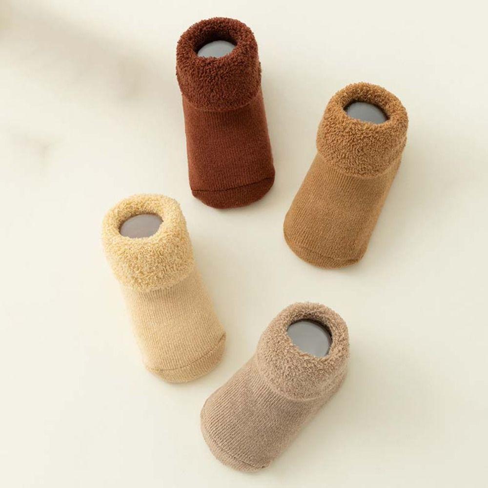 4Pairs Solid Color Infant Learning Walk Socks Anti-slip Home Sleep Socks Thicken Baby Socks Toddler