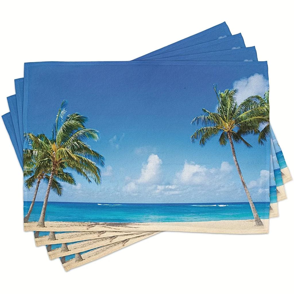 4pcs Tropical Beach Palm Tree Placemats Dining Table Decor Ocean Scene Kitchen Mat  For Home & Restaurant Outdoor Party Decor
