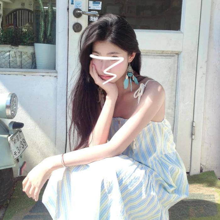 [Original practice] French temperament blue striped suspender dress children summer small seaside vacation long S