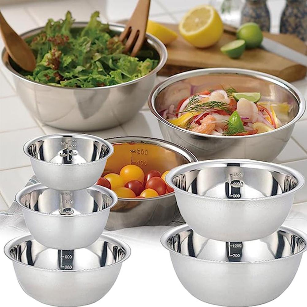 3 Pcs Stainless Steel Bowl 19x19x5cm Mixing Bowl With Measurement Marks Cooking 0.8L/1.2L/2L Kitchen Tableware Salad Bowls