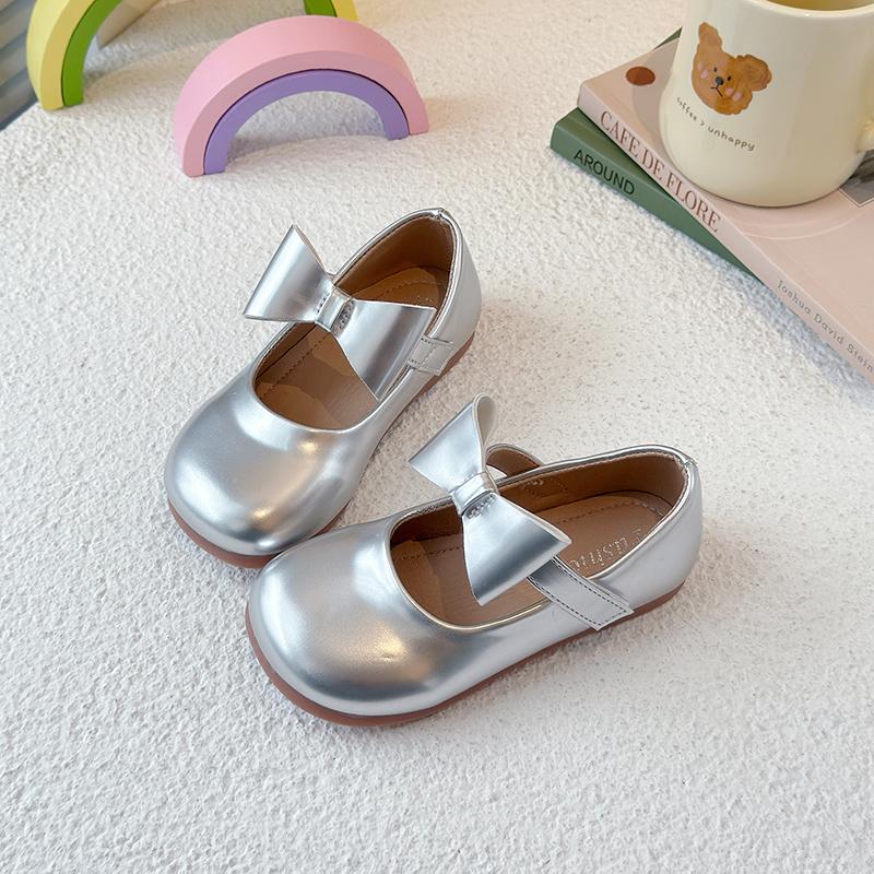 Kids Flat Shoes Solid Color Versatile Girls Leather Shoes Sweet Bows 2025 New Children Princess Shoes Round Toes Ins Trendy