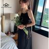 French Elegant Simple Loose Round Neck Pleated Dress Design Sense Large Backless Sleeveless Solid Color Sling Dress