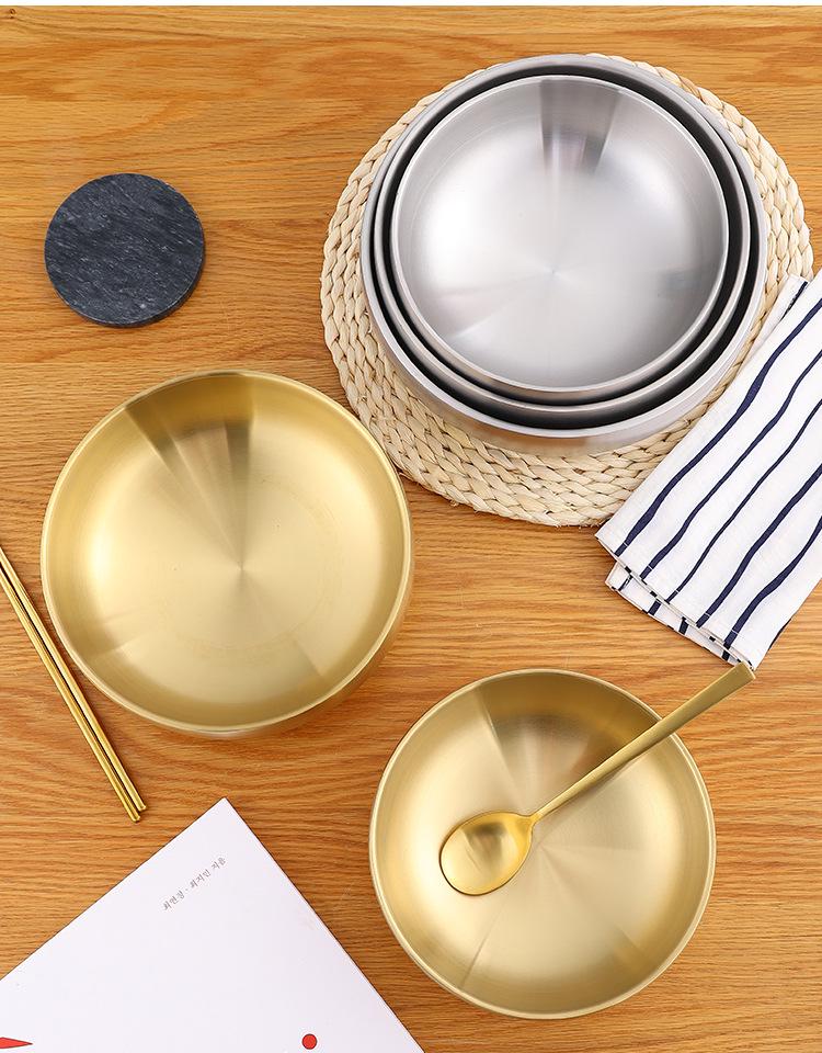 Korean Style Stainless Steel Double-Layer Gold Noodle Bowl - Large for Noodles, Rice, or Soup with Custom Logo
