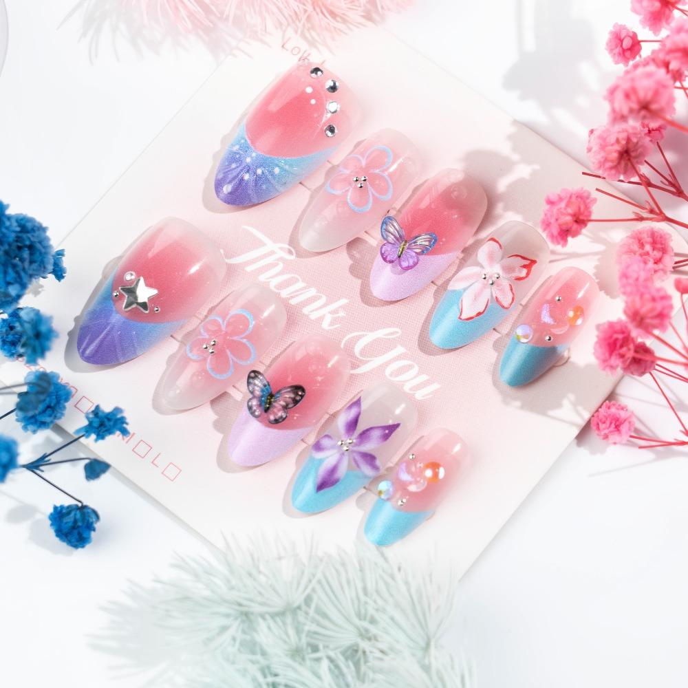 30-piece Set 3D Flower Press-on Nails Almond-shaped Pinkish Purple Artificial Nail Tips Gradient Pink Reusable Gel Fake Nails
