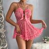European and American women's clothing sex net clothes printed suspender hollow cute girl pink suspender nightdress perspective set