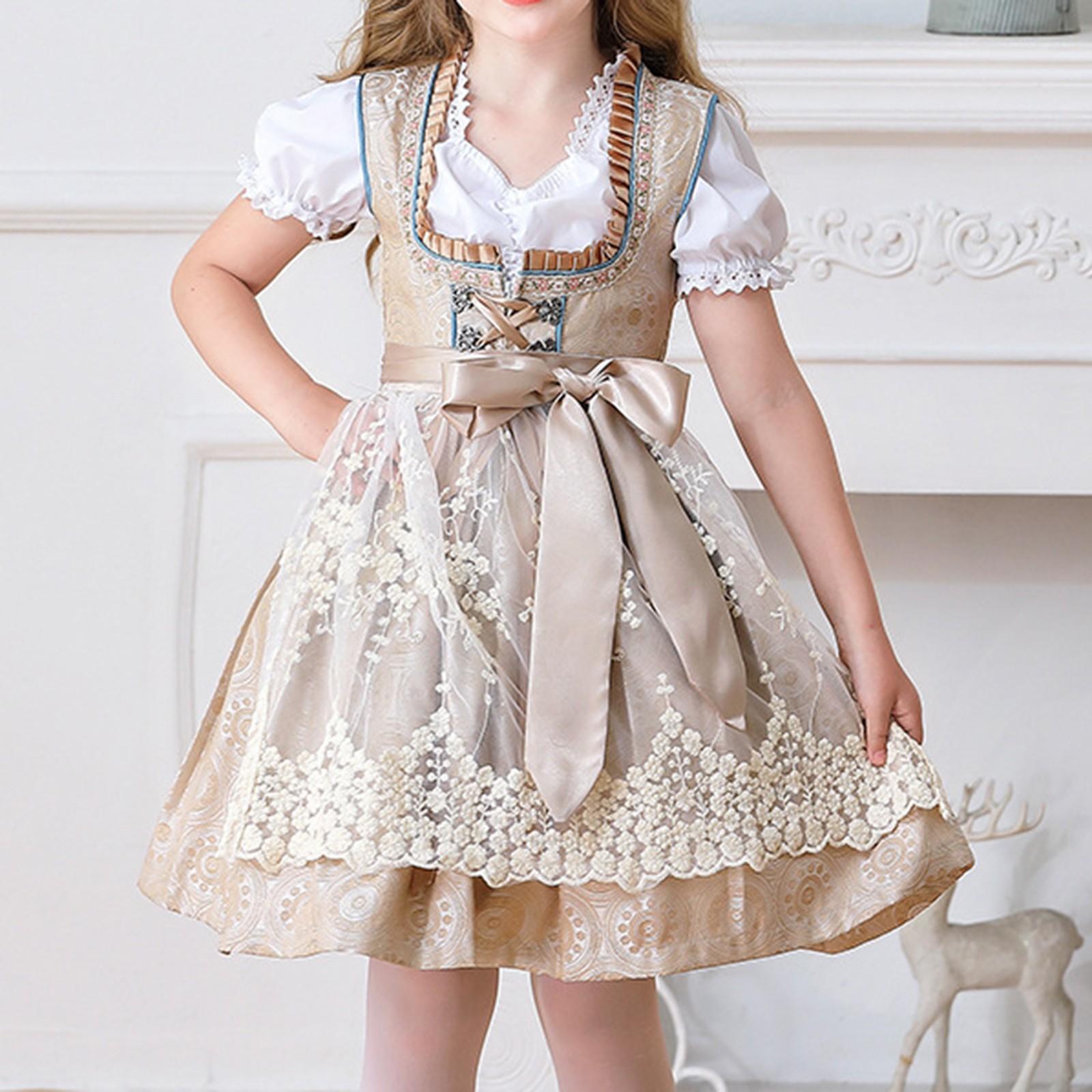 

Новый атласный костюм Октоберфест для девочки, костюм Лолиты, кружевной фартук с топом, дирндль, косплей, карнавальное маскарадное платье 110 шампанского