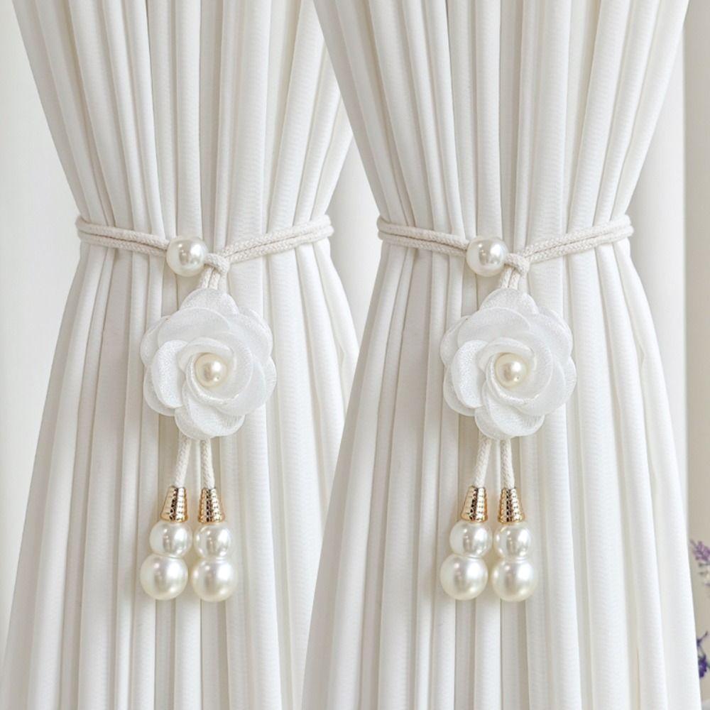 2PCS Adjustable Pearl Curtain Buckle Beautifully Curtains Tie Rope Camellia Curtain Tieback  Home