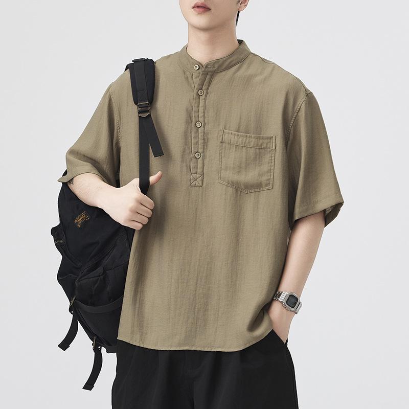 Summer Cotton and Linen Shirt Japanese Retro Men's Short-sleeved Shirt American Trendy Mid-sleeved