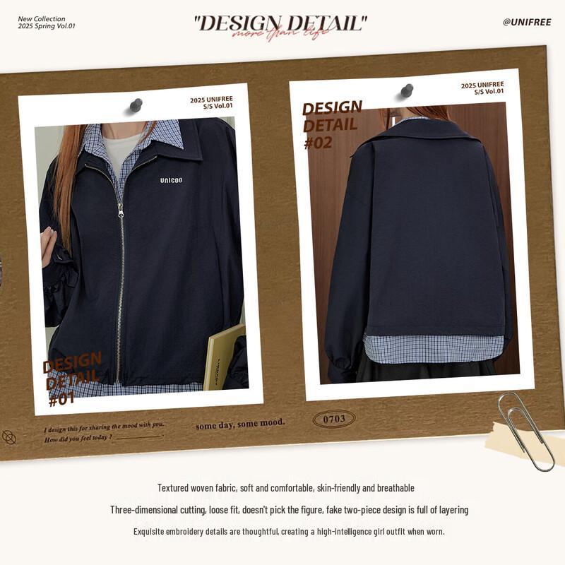 

UNIFREE Women s Faux Two-Piece Plaid Patchwork Jacket M