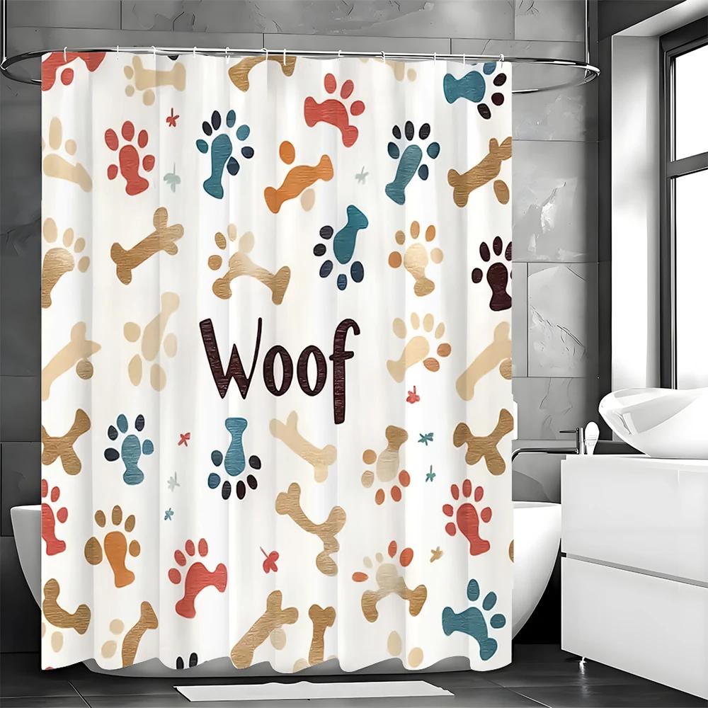 Cartoon Puppy Paw Print Bone Woof Woof Shower Curtain, Bathroom Decorative Shower Curtain, Waterproof Shower Curtain with Hooks