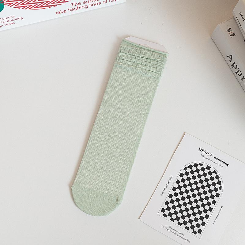 Boneless Pile Socks for Women, Summer Thin Mid-calf Socks, White Long Socks with Small Leather Shoes, Postpartum Socks, Summer Long Calf Socks