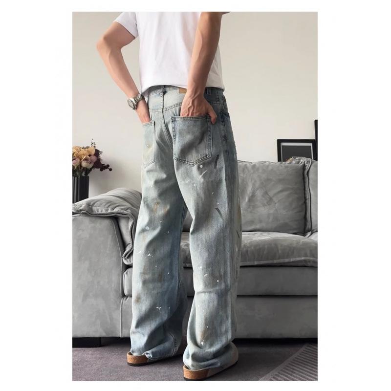 JYL Unisex Straight Jeans High-Street Splash Vintage Washed Loose Casual Denim Pants