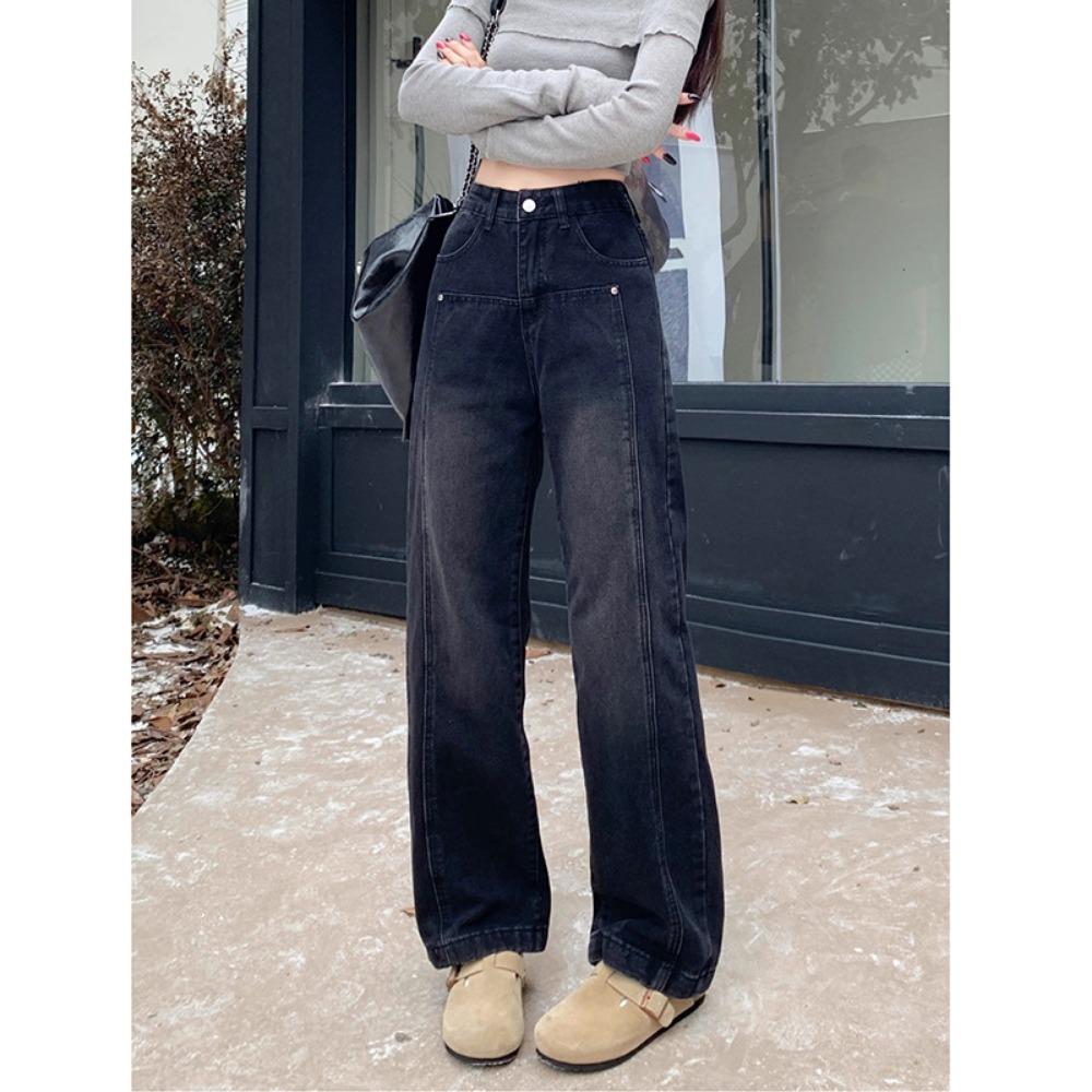 

Корейская версия простых джинсов с высокой посадкой и широкими штанинами, новые весенне-осенние свободные и универсальные джинсы, скрывающие полноту, для подметания пола XL