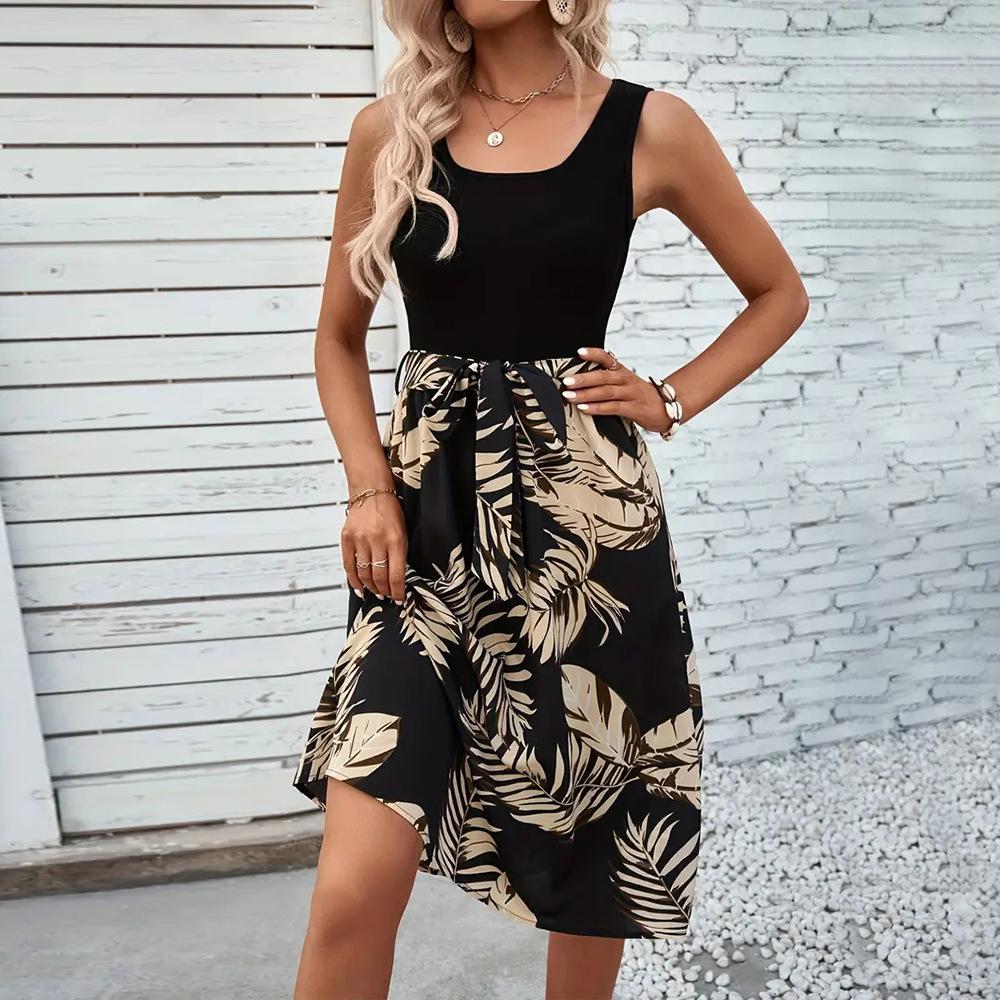 European and American spring and summer printed sleeveless waist strap medium and long dress women's contrasting color holiday beach dress