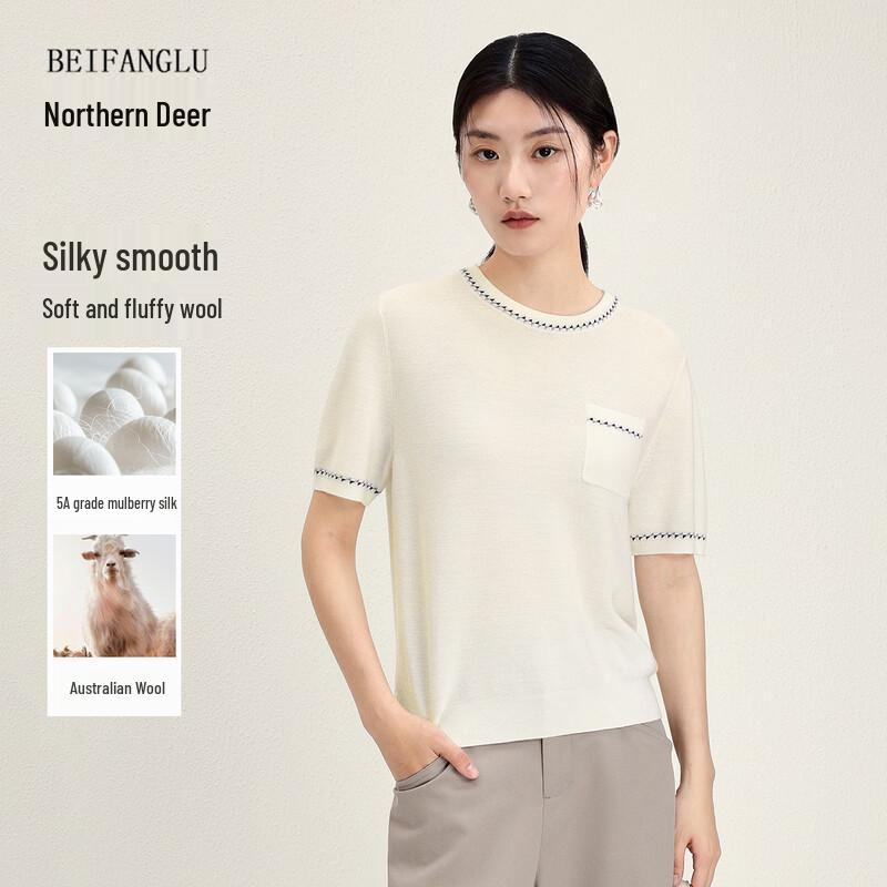 Northern Deer Silk Wool Blend Houndstooth Knitted Short Sleeve Top L