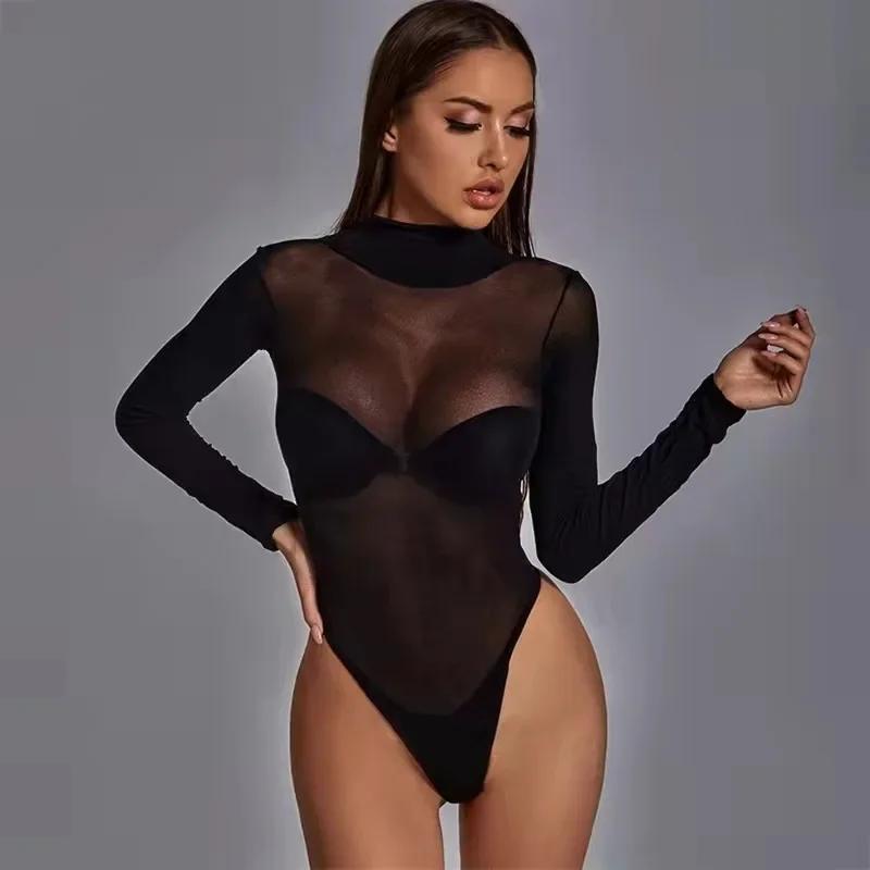 Elastische Damen Sexy Durchsichtige Netz-Bodysuits mit Offenem Schritt Lingerie-Tops Für Damen Übergröße Xxxl Frühling Herbst S black