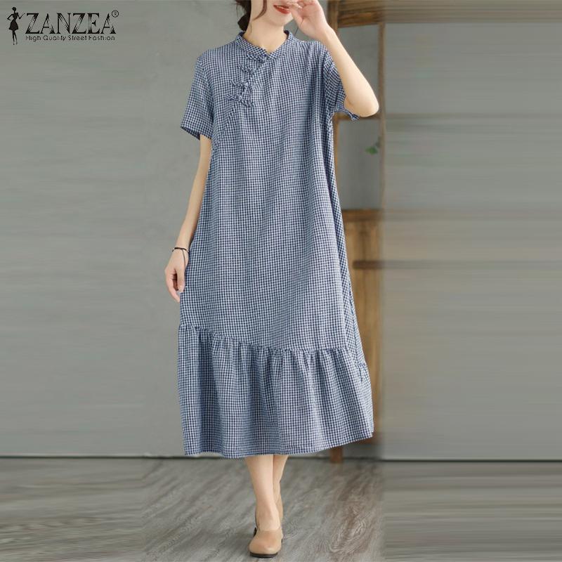 ZANZEA Women Casual Stand Collar Loose Short Sleeve Grid Print Dress
