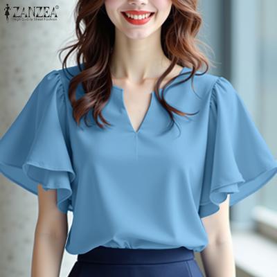 Women Casual V-Neck Ruffles Short Sleeve Loose Blouse