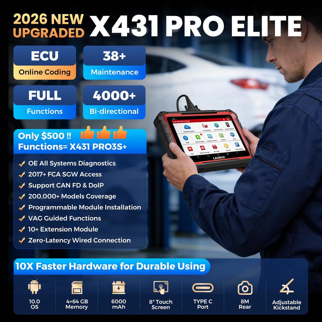 כלי אבחון לרכב LAUNCH X431 PRO Elite CAN FD & DoIP FCA AutoAuth אבחון כל המערכות קידוד ECU אונליין, בדיקה אקטיבית דו-כיוונית