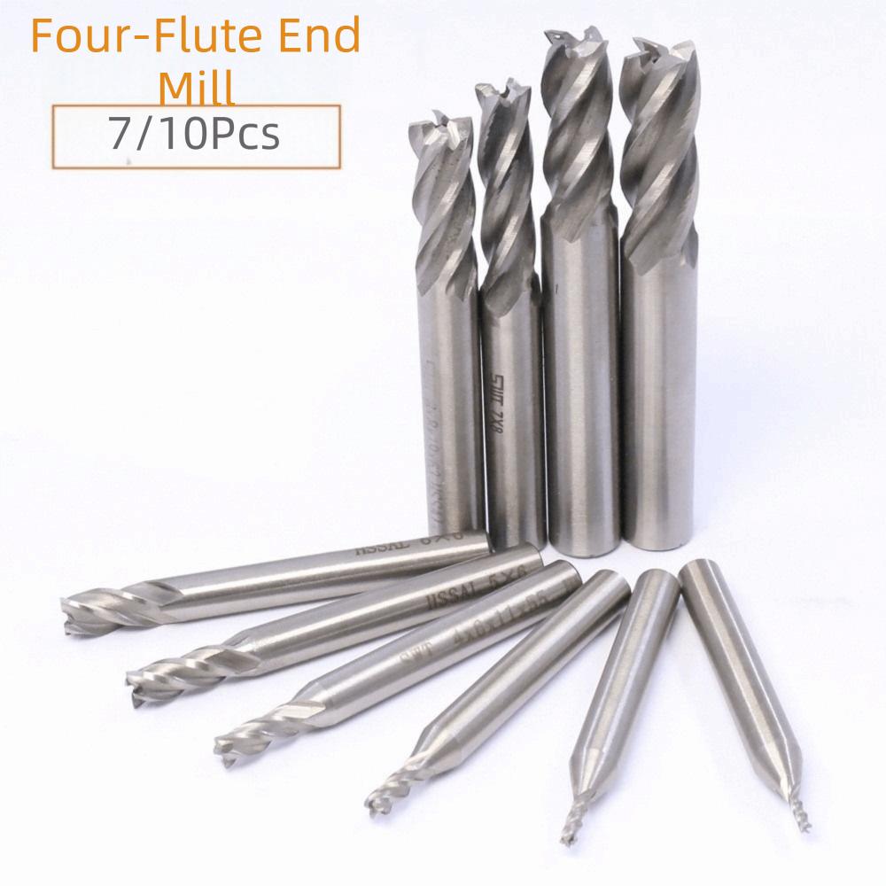 7/10Pcs 4-Flute Spiral End Mill Set High-Speed Steel CNC Milling Tools Wood Steel Milling
