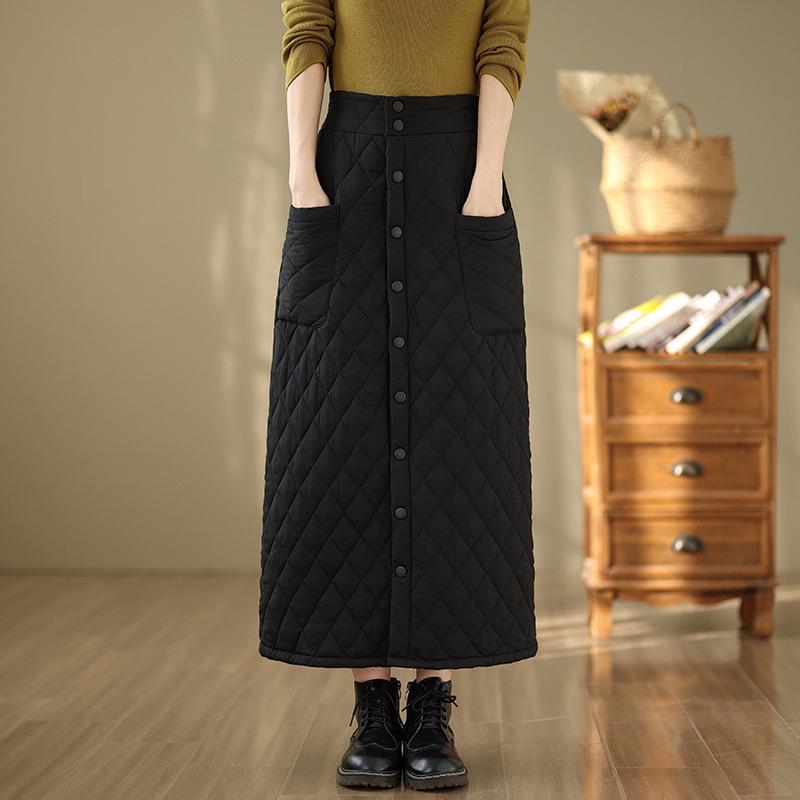 Fustă A-line pentru femei cu talie înaltă, extra lungă, rezistentă la vânt, din bumbac cu puf - Îngroșată, cu nasturi, stil de iarnă plus size