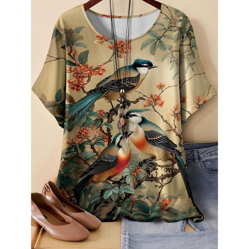 Summer Round Neck 3D Flower Pattern Print Top Fashionable Casual Short Sleeved Women's T-shirts