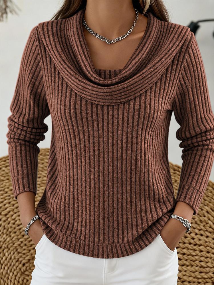 Women's Cowl Neck Long Sleeve Knit Top Regular Fit Vintage Ribbed Pullover Sweater