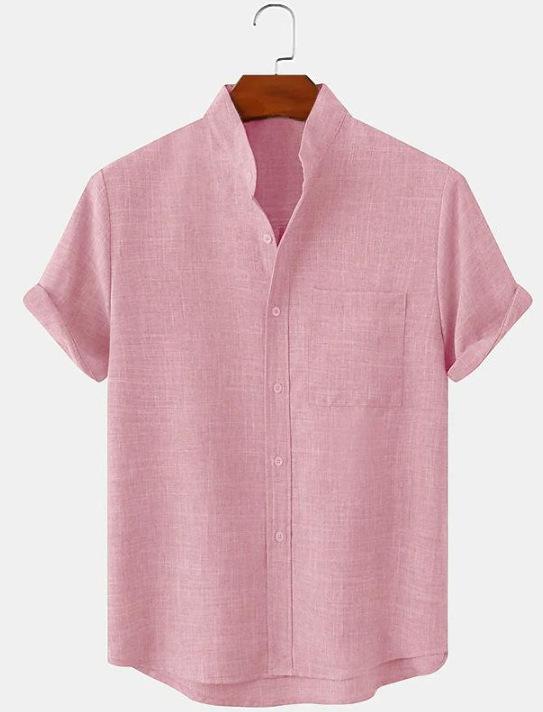 Men's Cotton and Linen Stand-up Collar Short-sleeved Solid Color Shirt Casual Cardigan Men's Shirt