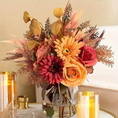 2 Bunches Silk Flowers Floral Artificial Fall Flowers Bouquet Faux Arrangements Fake Flower Wedding Bride Bouquets Fall Festivals Home Yard Decor