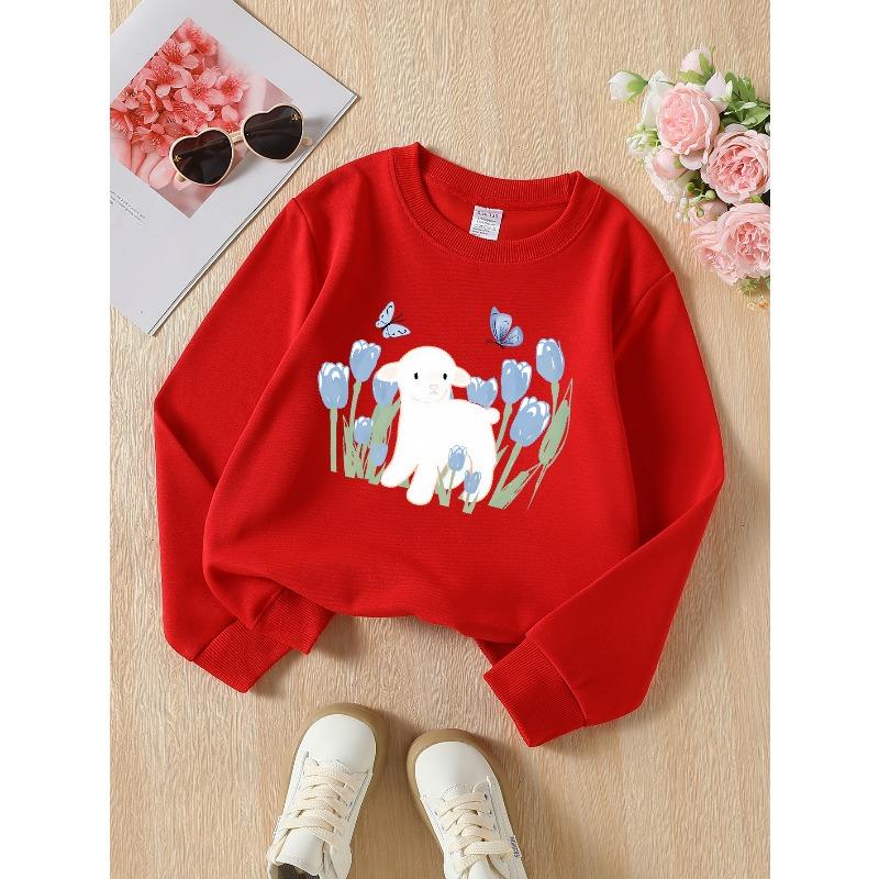 Kids Crewneck Sweatshirt, Cute Lamb Blue Tulips Butterfly Creative Print,Daily Casual Top for Spring & Autumn