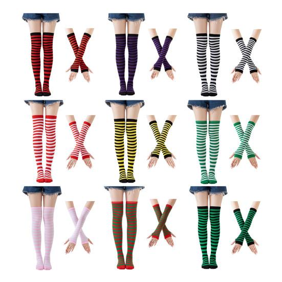 Womens Striped Arm Warmers Leg Warmers Set Winter Knitted Over The Knee High Socks Long Fingerless Gloves Set for Christmas Halloween