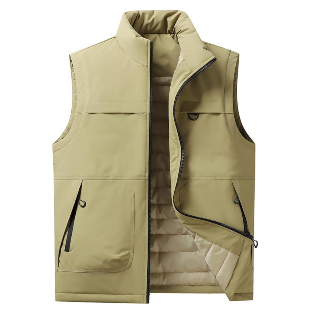 Men's Casual Solid-color Light Down Cotton Vest, Men's Stand-up Collar Zip-up Workwear Vest Jacket