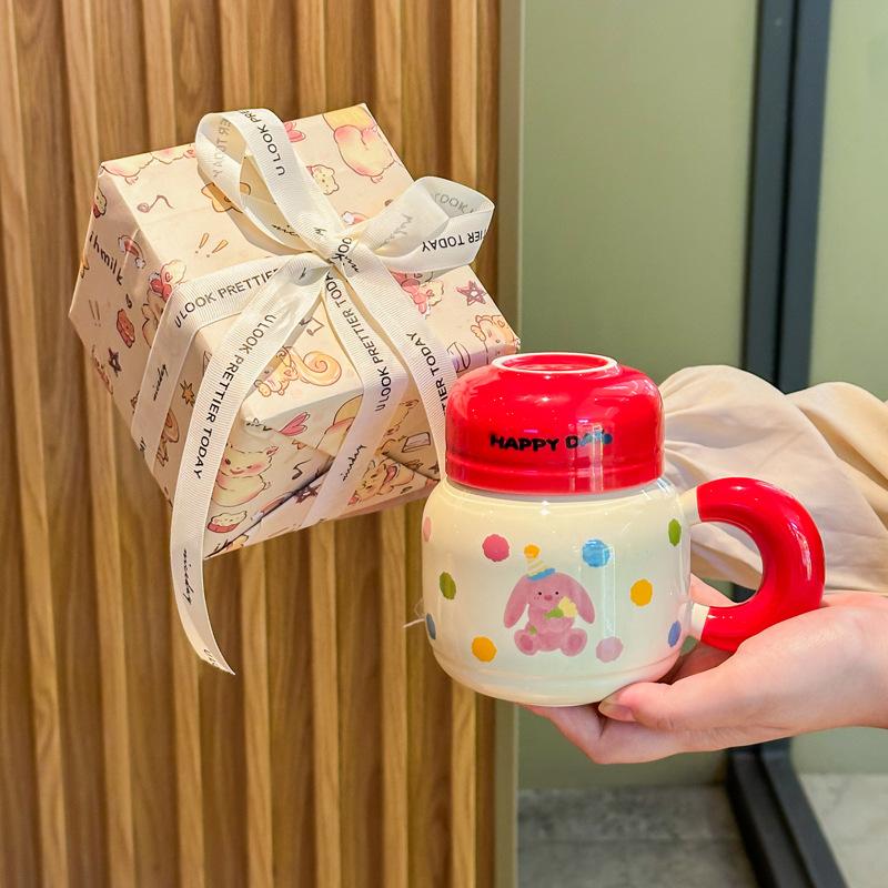 Milk fufu cute bear kettle large capacity ceramic mug with lid spoon couple coffee cup female birthday gift