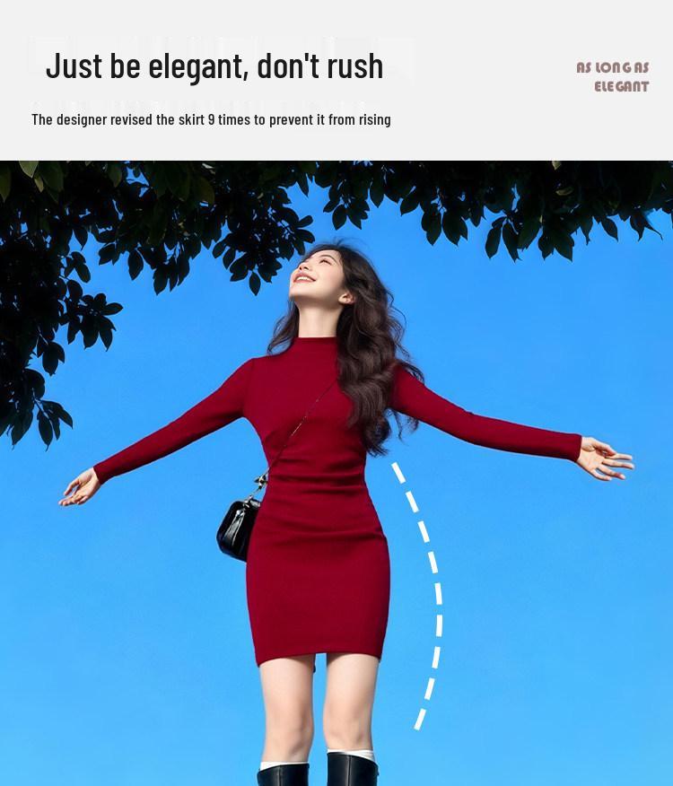 Roter Bodycon-Rock für Damen - Herbst/Winter 2026 Schlankes Strickkleid für Neujahr