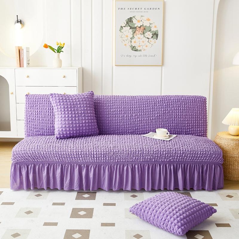 Stretch Slipcover for Armless Sofa Bed Seersucker Fabric Elastic and Washable with Skirt Easy Installation
