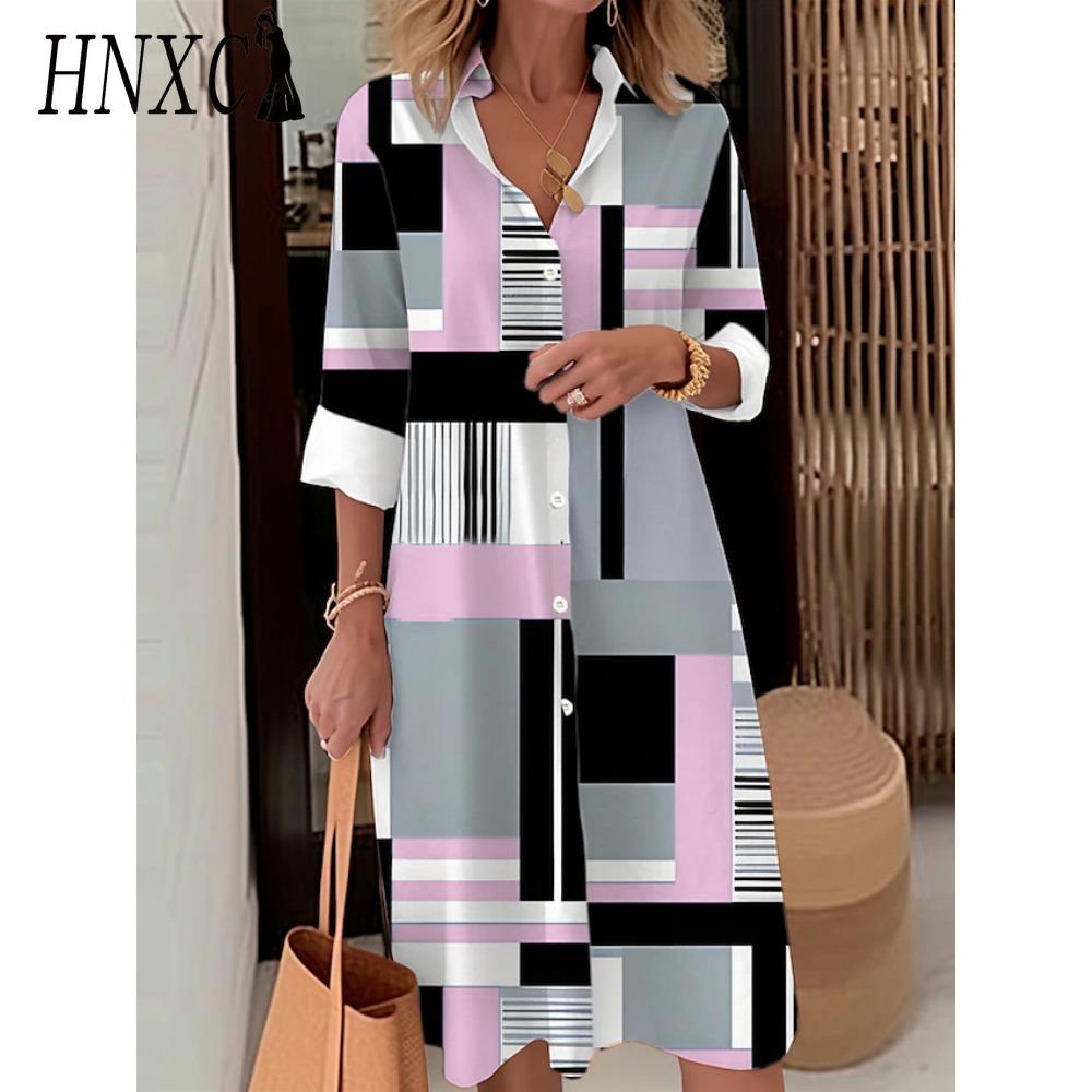 HNXC Women Fashion Spring Autumn Color Block Print Long Sleeve Polo Collar Loose Waist Casual Dresses