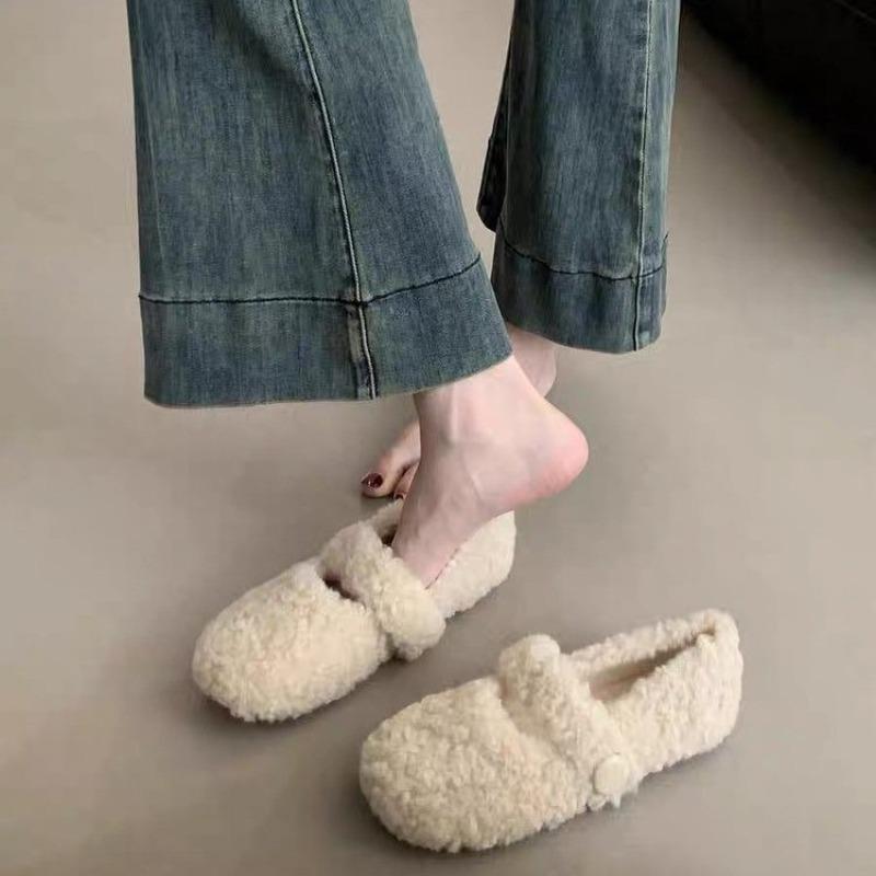 

Fashion New Style Women s White French Mary Jane Flat-bottomed Fluffy Shoes for Women s Autumn and Winter Warm-soled Beanie Cotton Shoes 35