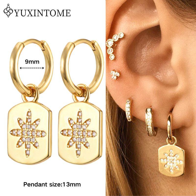 YUXINTOME 925 Silver Ear Needle Zircon Hoop gold Earrings For Women Square Plate Pendant Cutout Heart Earrings Fashion Jewelry