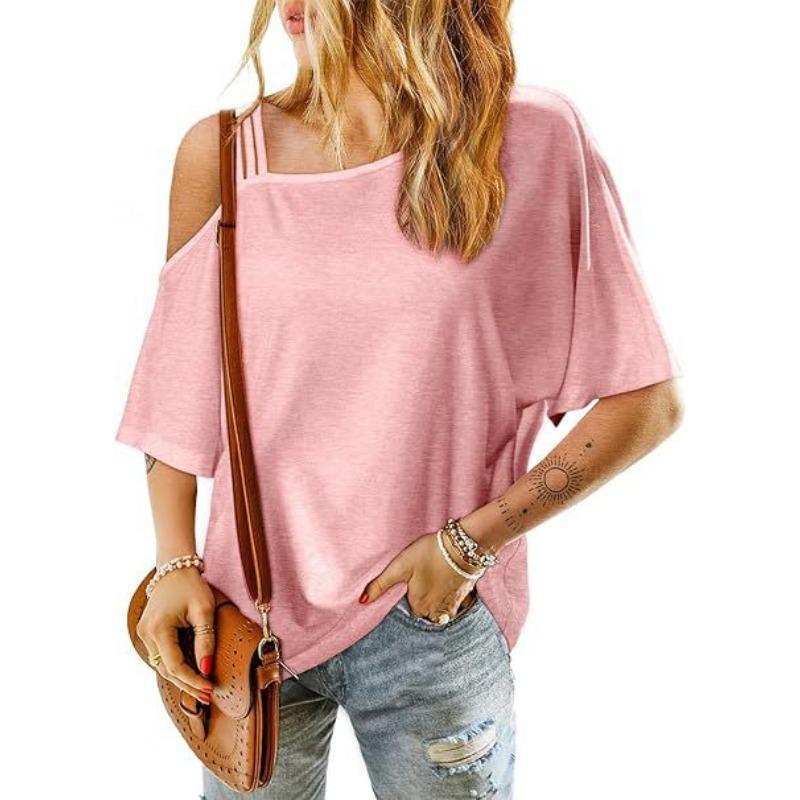 

Летний повседневный топ с косым вырезом, открытыми плечами, свободный, с короткими рукавами, женские футболки XXL розовый