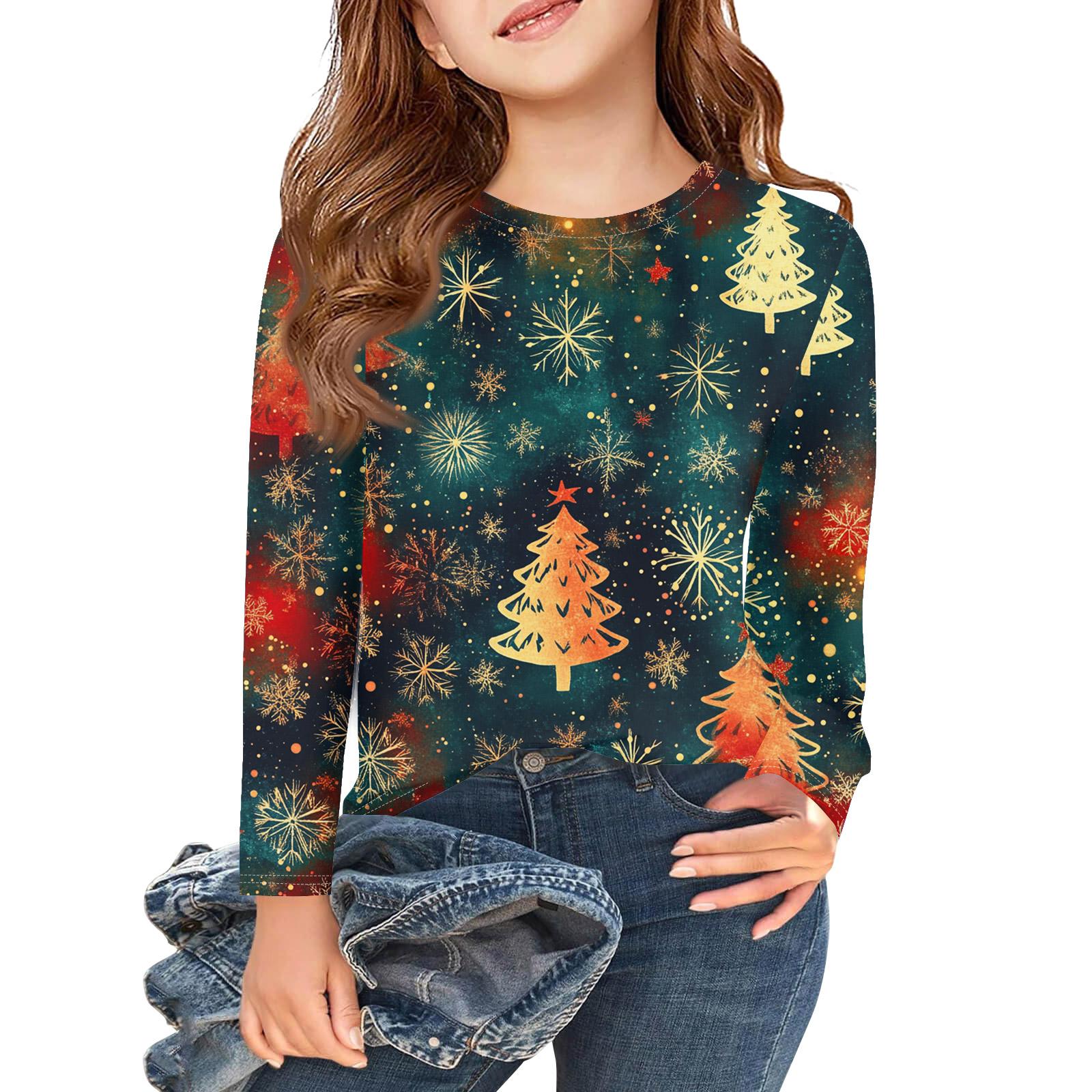 

Рождественские футболки с длинным рукавом для девочек, детские осенние топы с круглым вырезом и принтом, базовые футболки 120