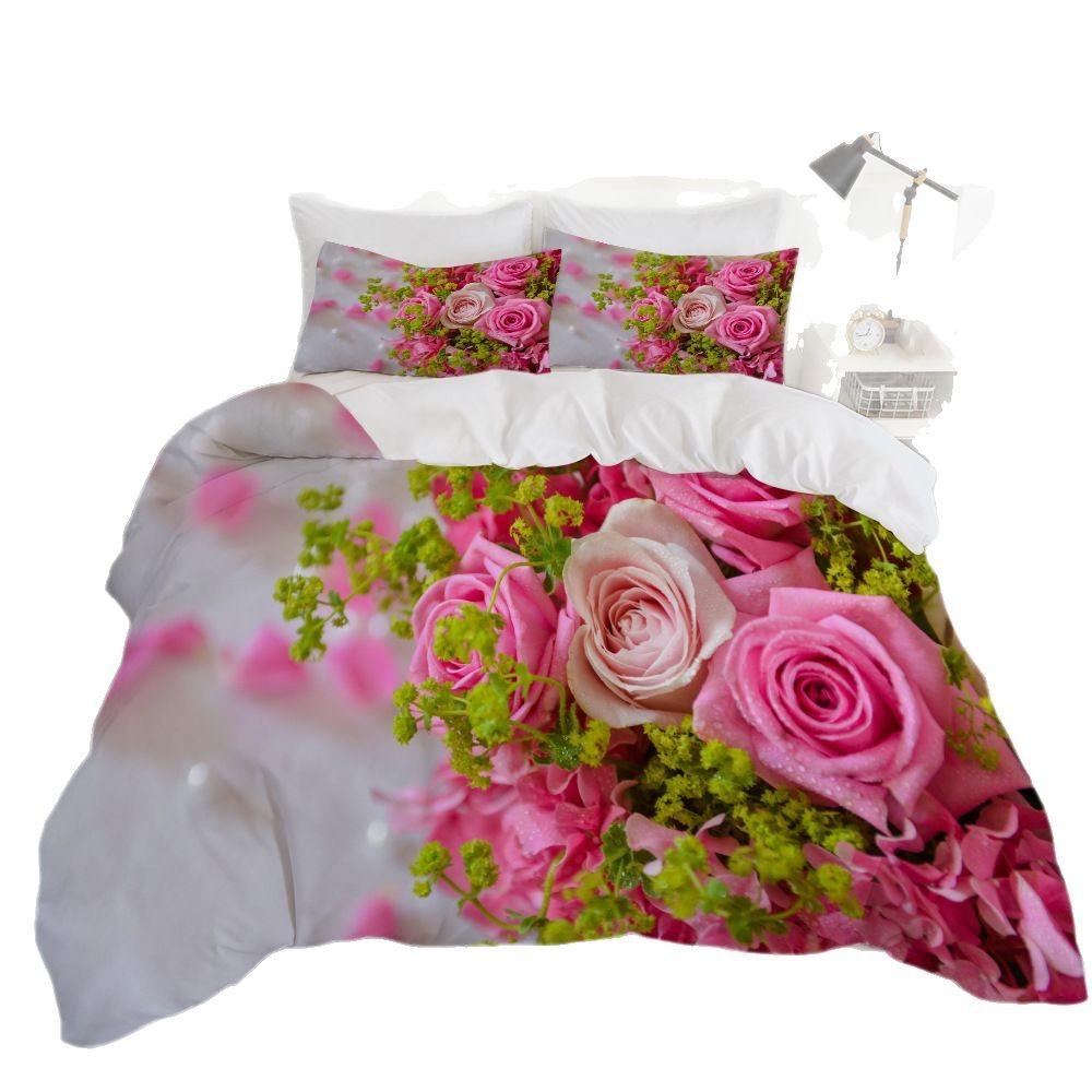3D Digital Printing Three-Piece Set, Spring Flower Series Rose Quilt Set, Bedding Three-Piece Set
