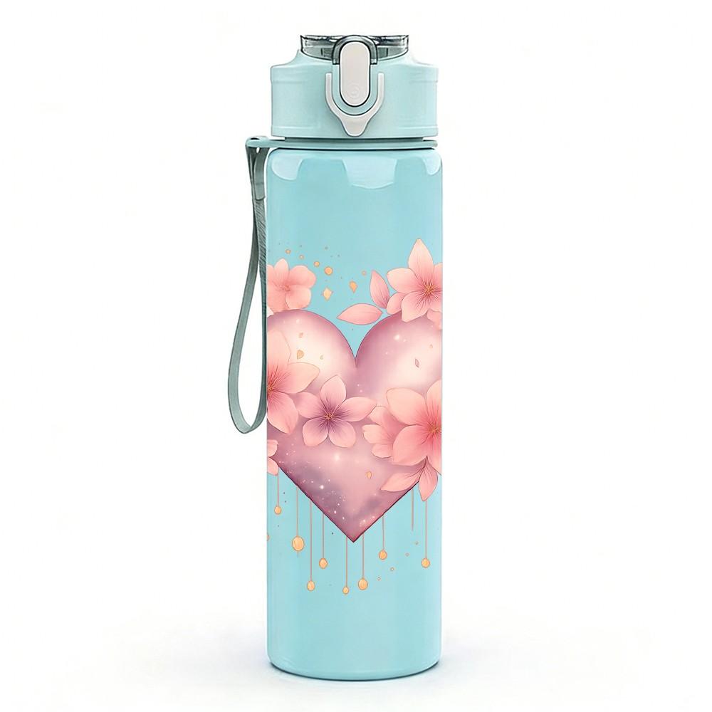 1PC Soft Pink Floral Heart 750ml Color Plastic Sports Water Bottle Leakproof Flip Straw Lid Suitable for Sports Office Home Use