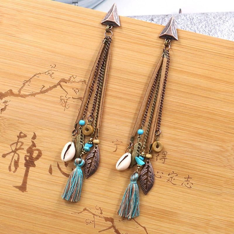 Ethnic Vintage Bohemian Long Fashion Dangle Earrings For Women Fringe Tassel Shell Flower Beads Handmade Drop Earrings Zircon