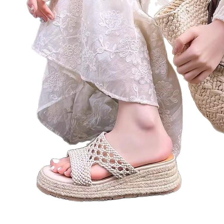 Sheepskin Version~ Thick-soled Retro Straw Woven One-word Sandals Women's Versatile Super Fire Leather Woven Comfortable Commuter Fisherman Shoes