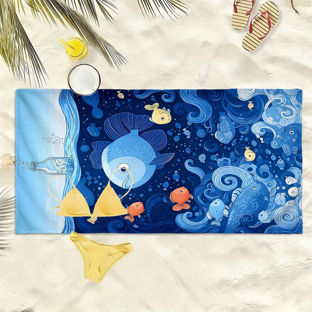 Blue waves and colorful fish patterns polyester microfiber beach towel is highly absorbent, suitable swimming and beach outings