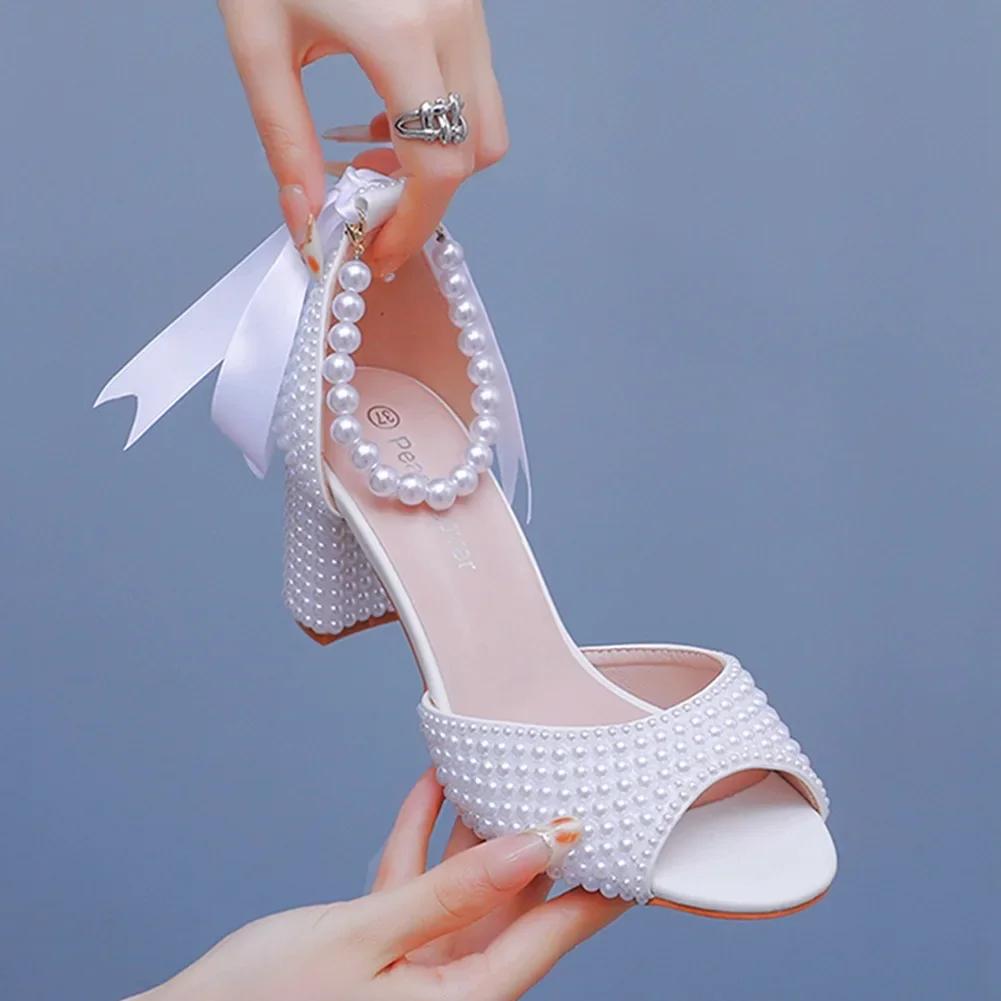 

Fashion Sandals for Women Ankle Strap PU 7CM Square Heel Pearl Fish Mouth Shallow Mouth Bridal Beaded Wedding Shoes Women Shoes 34 белый