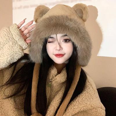 Damskie zimowe grube futro ciepłe czapki beanie koreańska moda polar niedźwiedzie uszy czapka wiatroszczelna damskie trendy bomber czapka prezenty