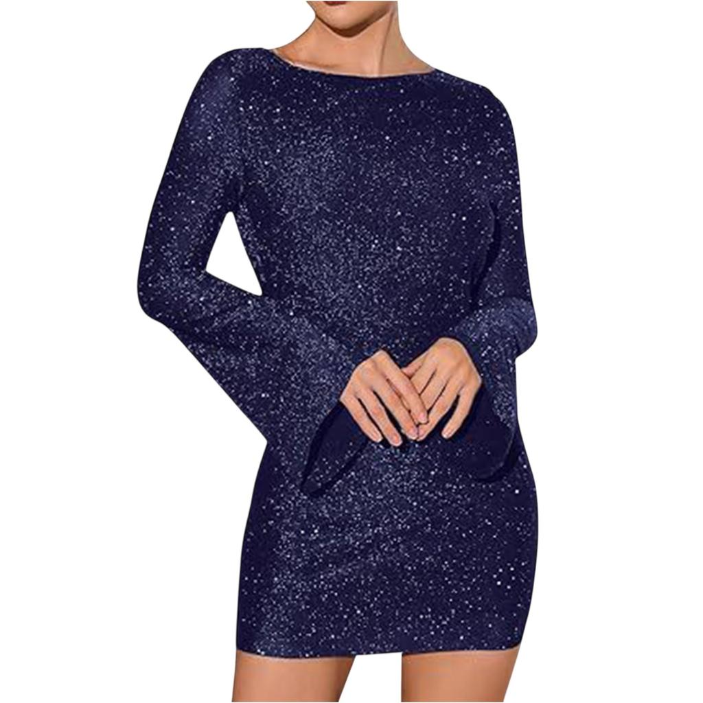 Abito da donna sexy con paillettes, manica lunga, alla moda, schiena scoperta