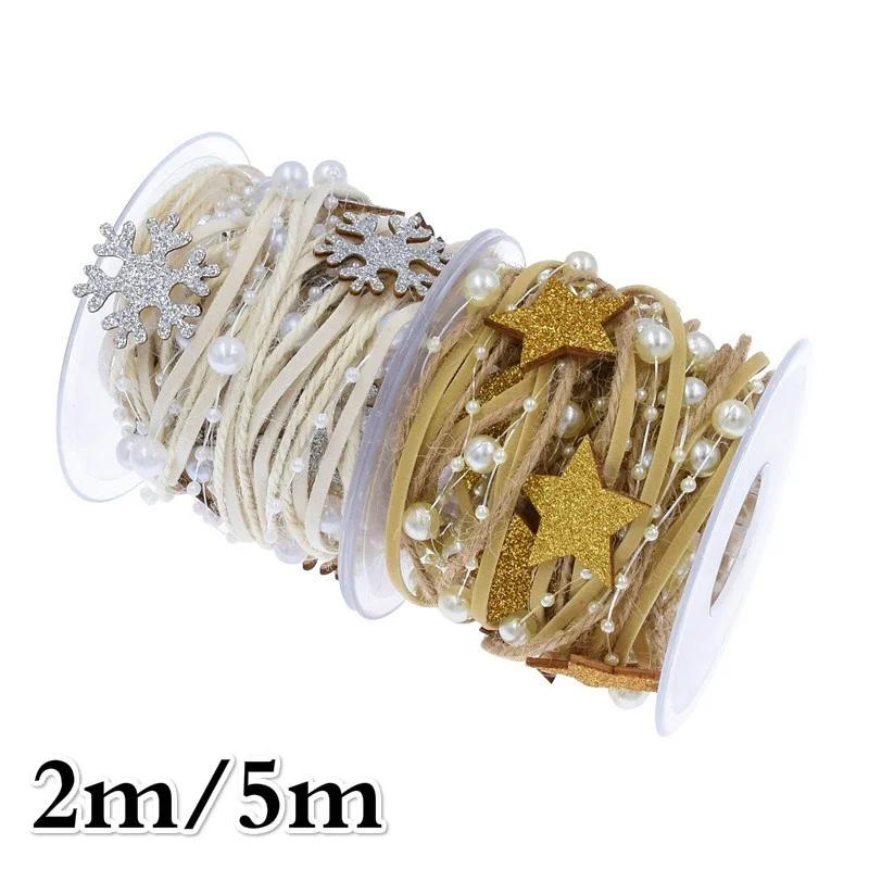 2m/5m Christmas Ribbon Decoration Pentagram Bead Chain Ribbon Christmas Tree DIY Decor Home Ornaments New Year Gift