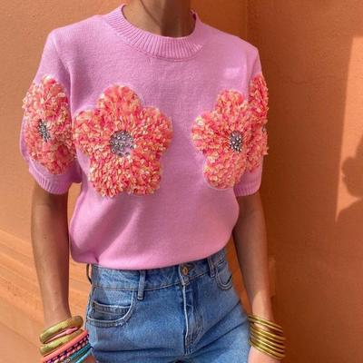 Fashion Women 3D Flower Knitted Sweater Elegant Lady O Neck Short Sleeved Pullover Chic Female Commute Street Outfits